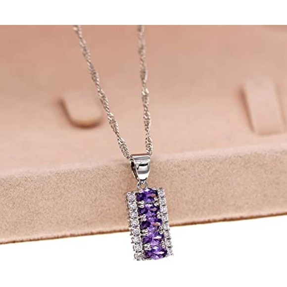 Amethyst Gems Platinum Plated Necklace Earring Ring CZ Cubic Rhinestone - Picture 4 of 8